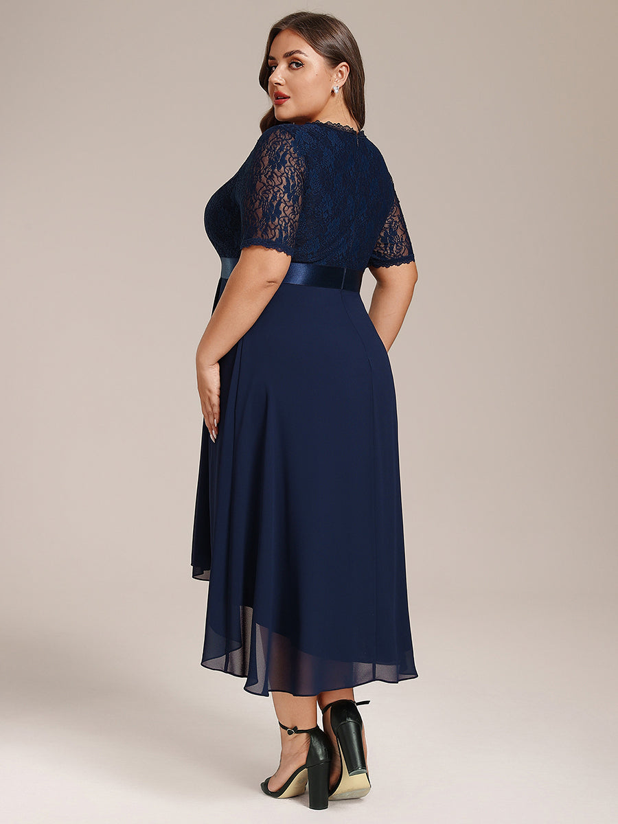 Half Sleeve V Neck Midi Wedding Guest Dress With Lace #color_Navy Blue