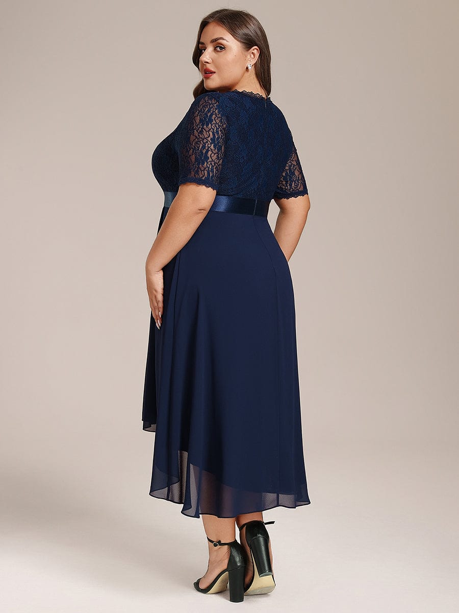 Plus Size Half Sleeve V Neck Midi Wedding Guest Dress With Lace #color_Navy Blue