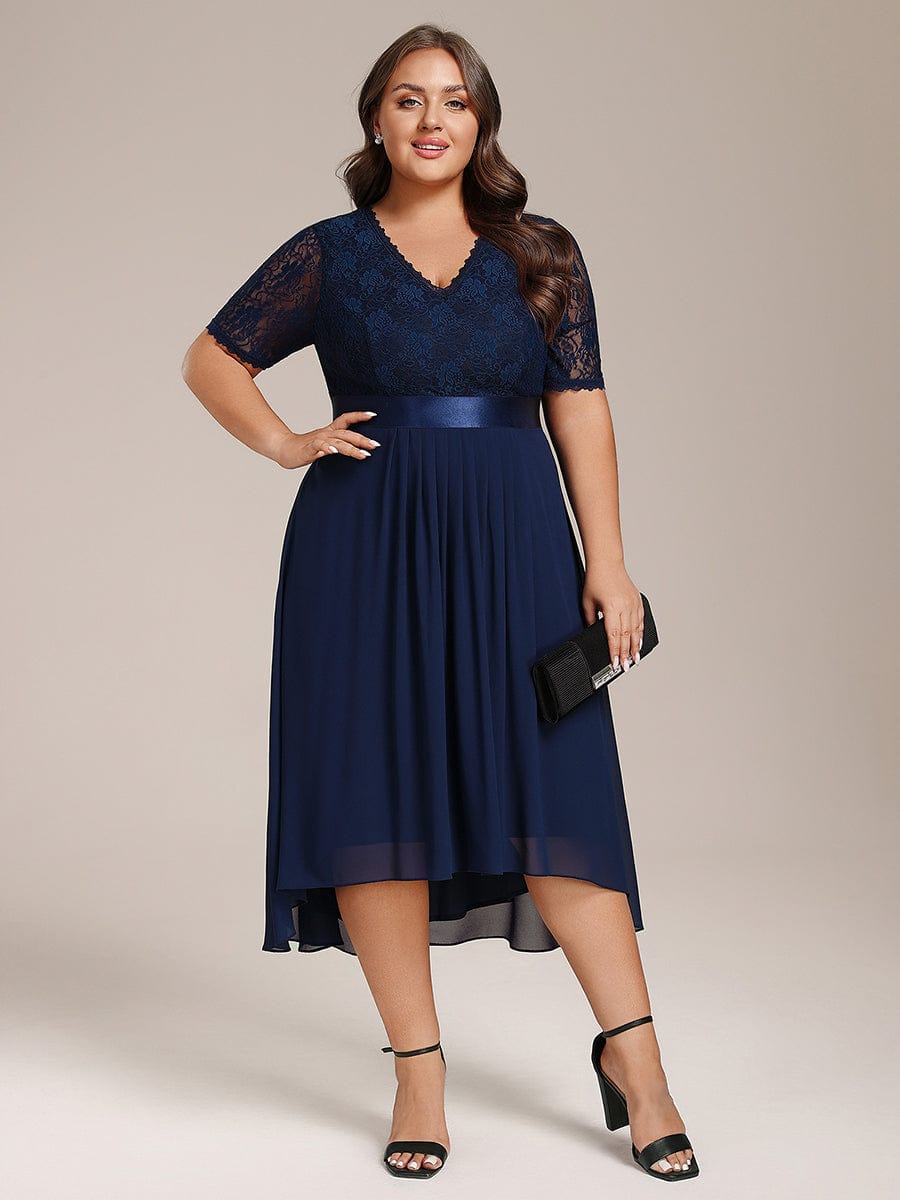 Plus Size Half Sleeve V Neck Midi Wedding Guest Dress With Lace #color_Navy Blue