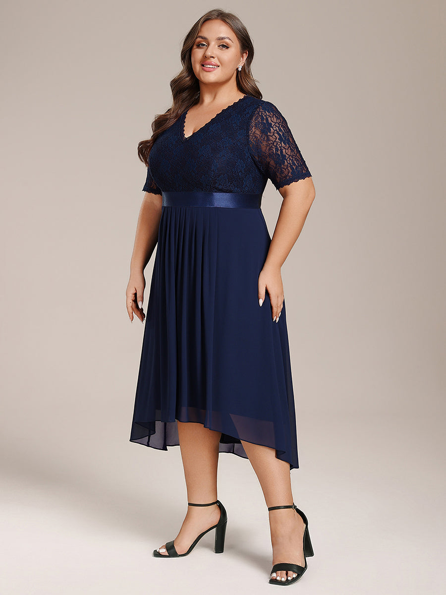 Half Sleeve V Neck Midi Wedding Guest Dress With Lace #color_Navy Blue