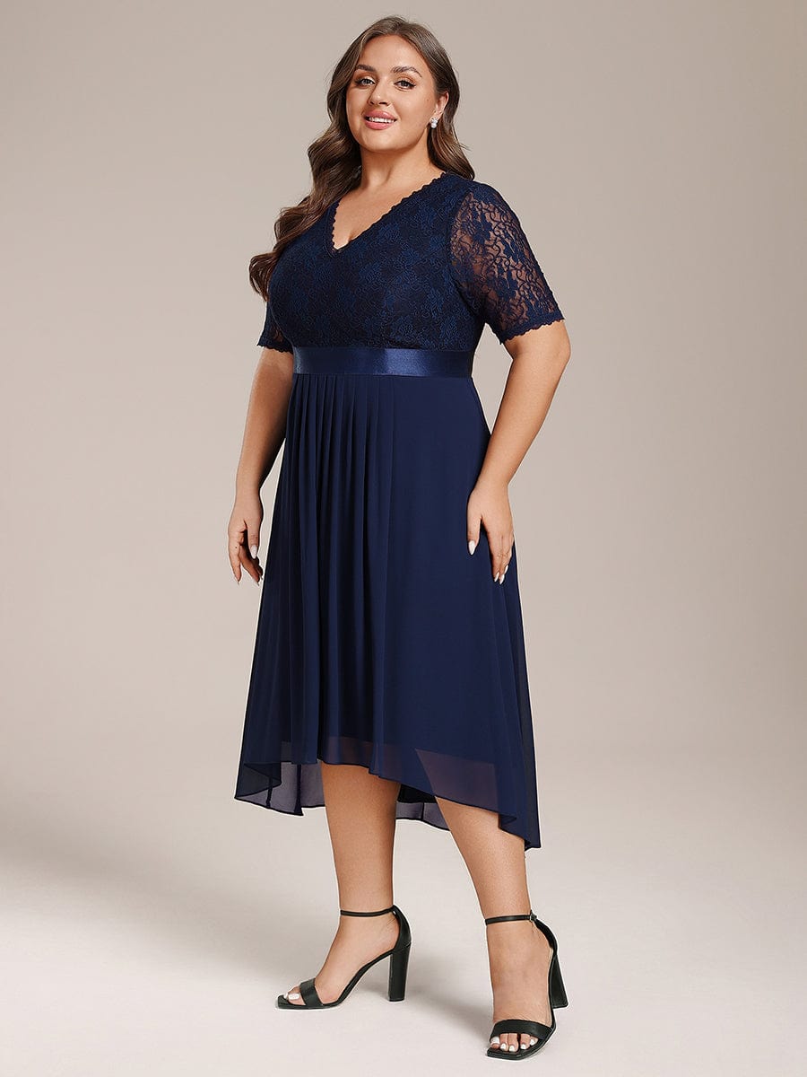 Plus Size Half Sleeve V Neck Midi Wedding Guest Dress With Lace #color_Navy Blue