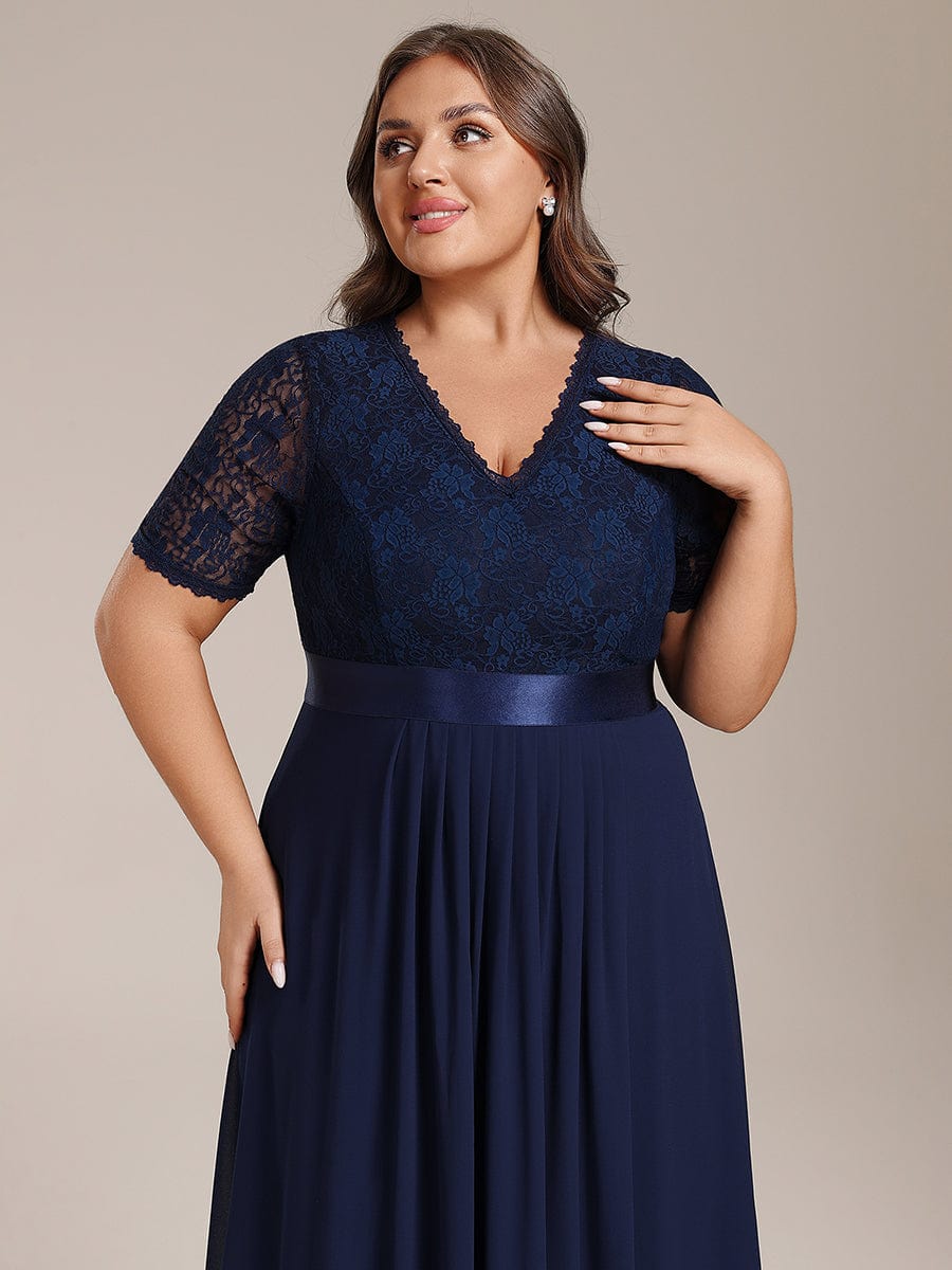 Plus Size Half Sleeve V Neck Midi Wedding Guest Dress With Lace #color_Navy Blue