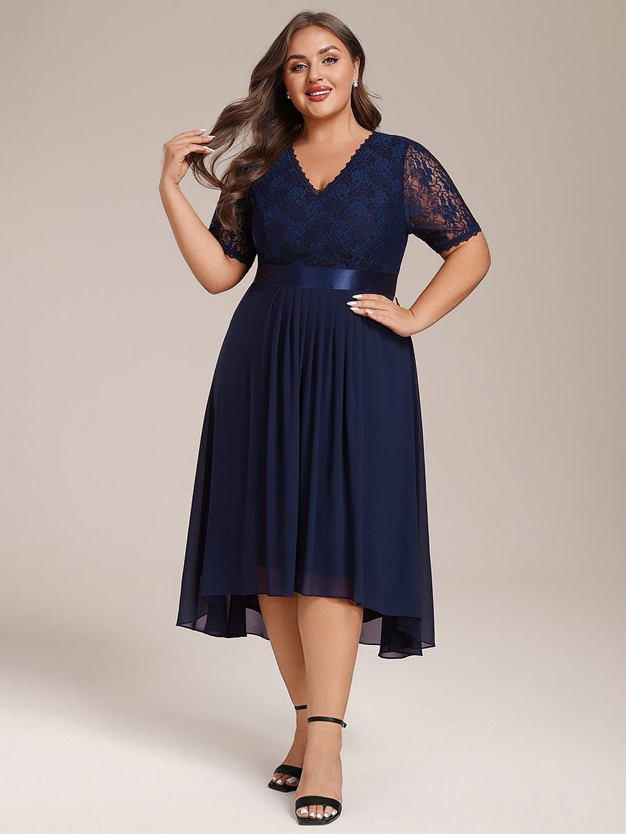 Plus Size Half Sleeve V Neck Midi Wedding Guest Dress With Lace #color_Navy Blue