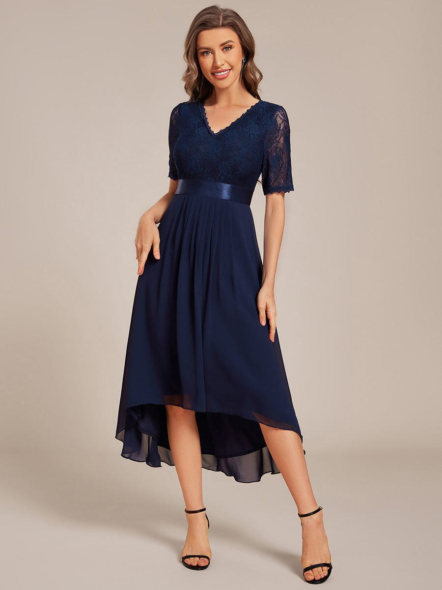 Half Sleeve V Neck Midi Wedding Guest Dress With Lace #color_Navy Blue