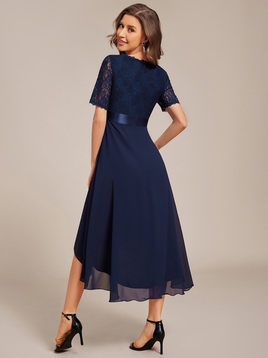 Half Sleeve V Neck Midi Wedding Guest Dress With Lace #color_Navy Blue