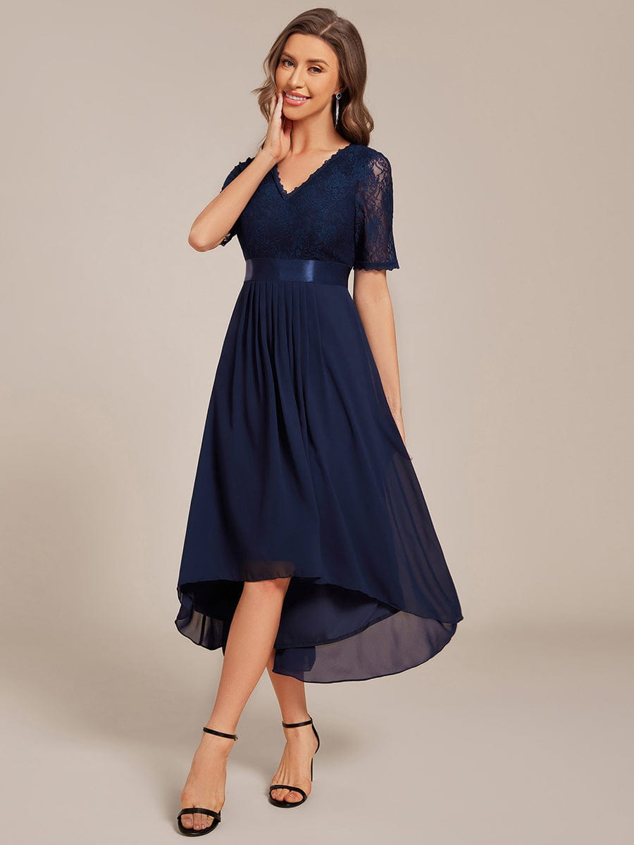 Half Sleeve V Neck Midi Wedding Guest Dress With Lace #color_Navy Blue