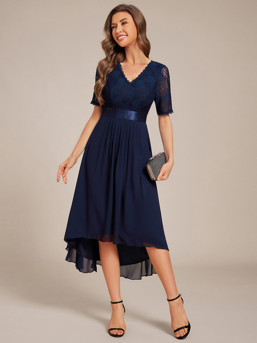 Half Sleeve V Neck Midi Wedding Guest Dress With Lace #color_Navy Blue