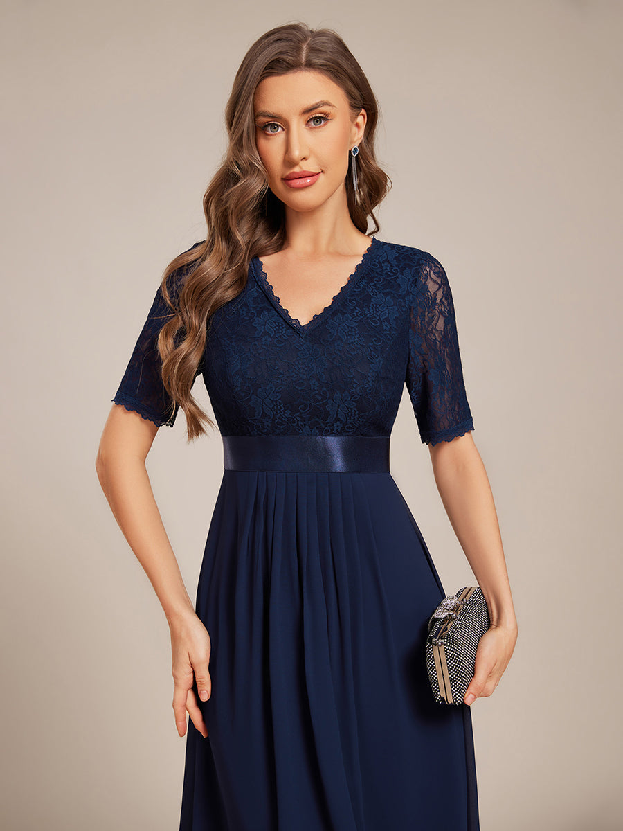 Half Sleeve V Neck Midi Wedding Guest Dress With Lace #color_Navy Blue