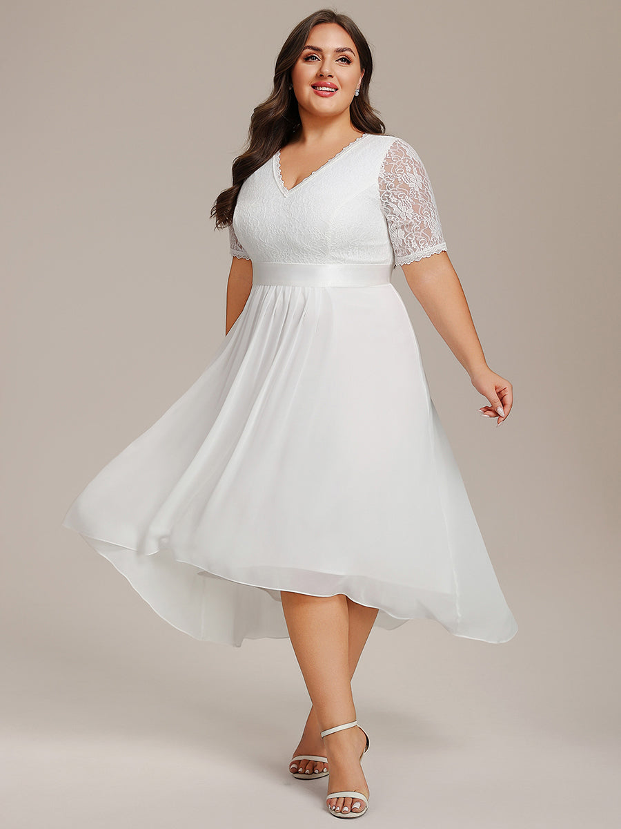 Half Sleeve V Neck Midi Wedding Guest Dress With Lace #color_White