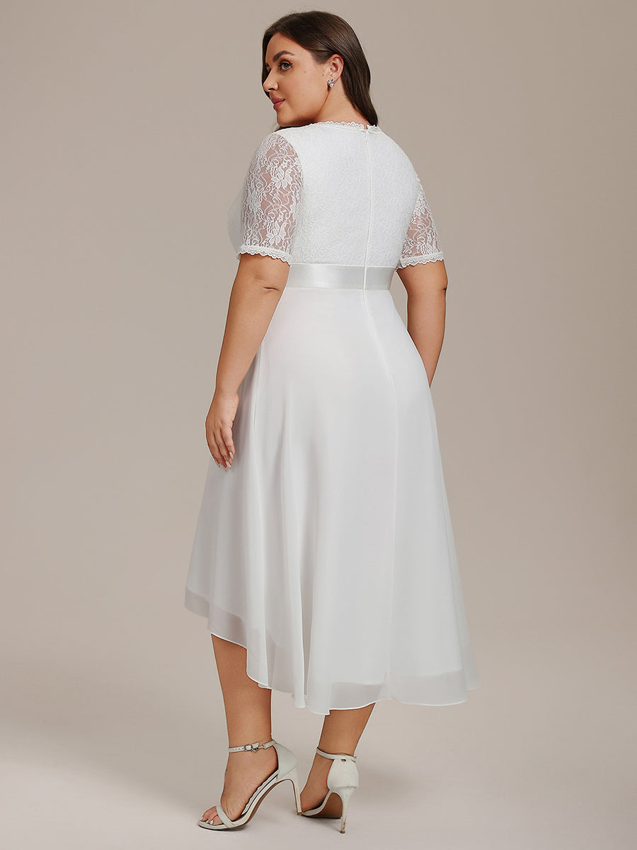 Half Sleeve V Neck Midi Wedding Guest Dress With Lace #color_White