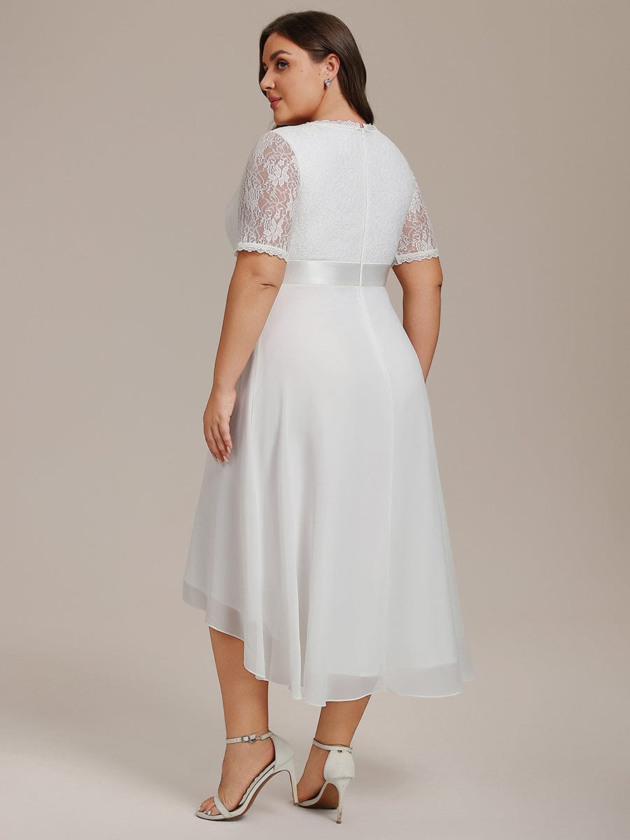 Plus Size Half Sleeve V Neck Midi Wedding Guest Dress With Lace #color_White