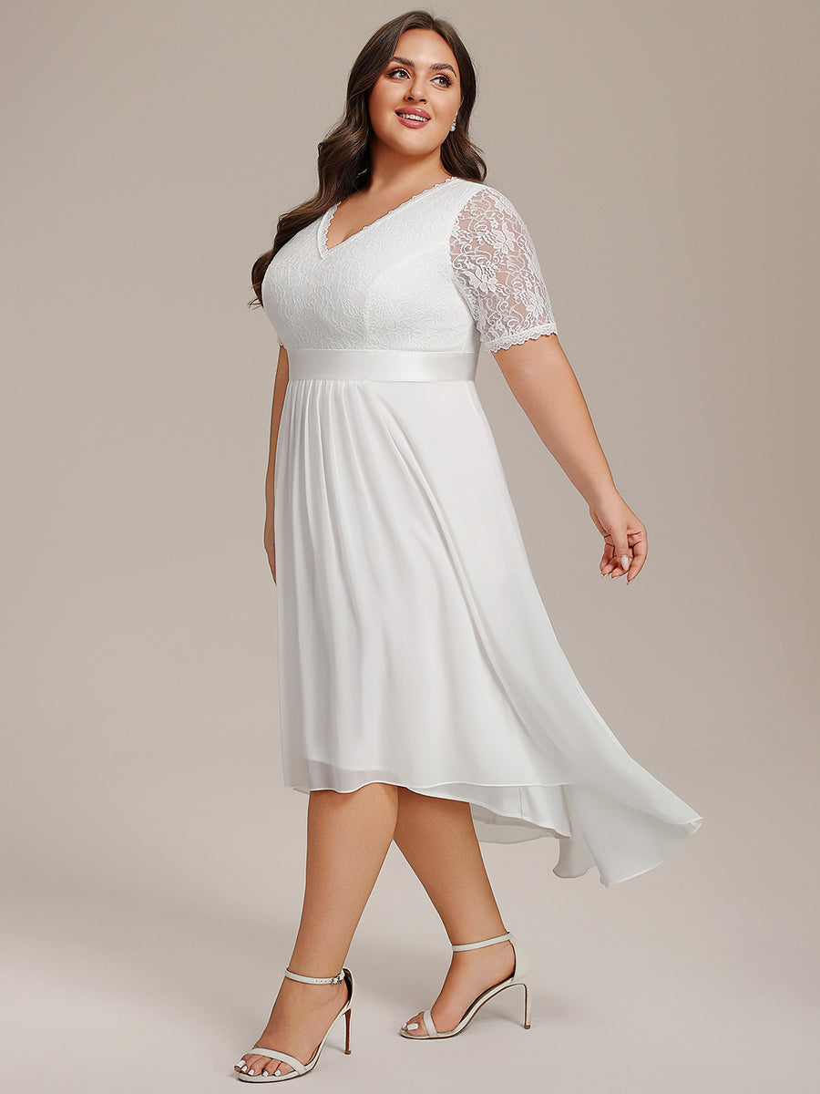 Half Sleeve V Neck Midi Wedding Guest Dress With Lace #color_White