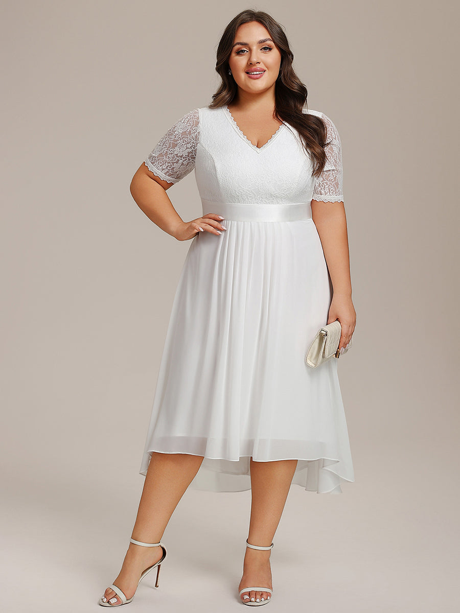 Half Sleeve V Neck Midi Wedding Guest Dress With Lace #color_White