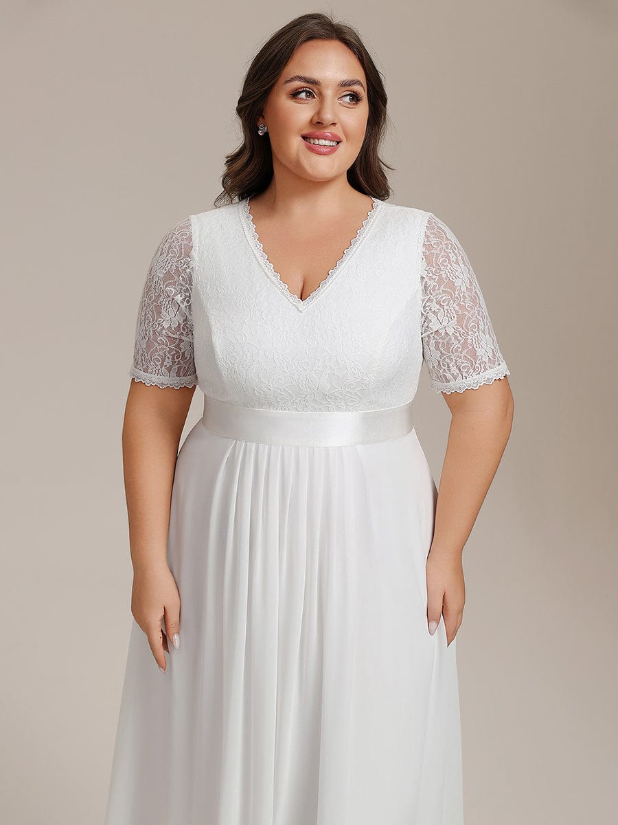 Plus Size Half Sleeve V Neck Midi Wedding Guest Dress With Lace #color_White