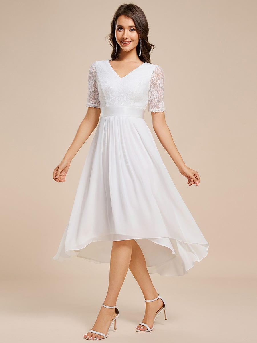 Half Sleeve V Neck Midi Wedding Guest Dress With Lace #color_White