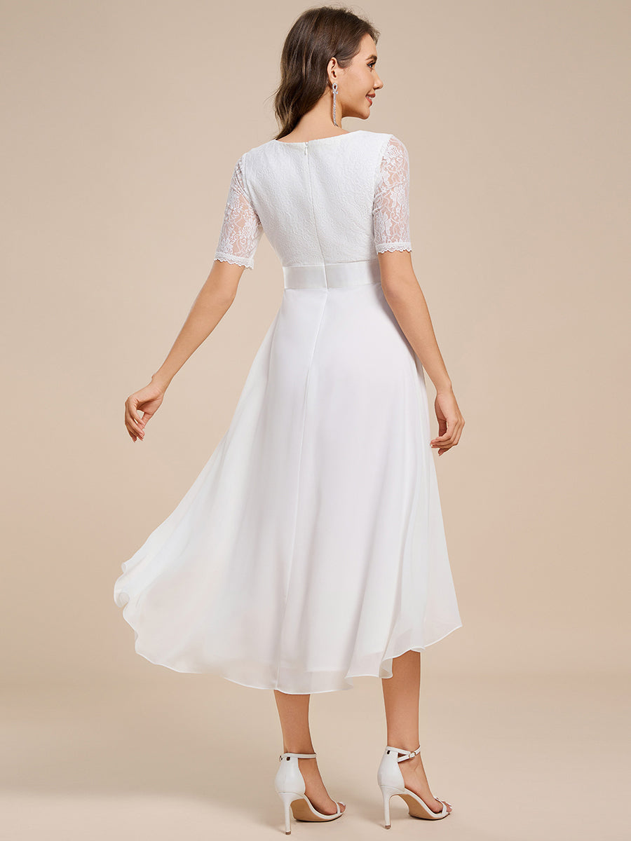 Half Sleeve V Neck Midi Wedding Guest Dress With Lace #color_White