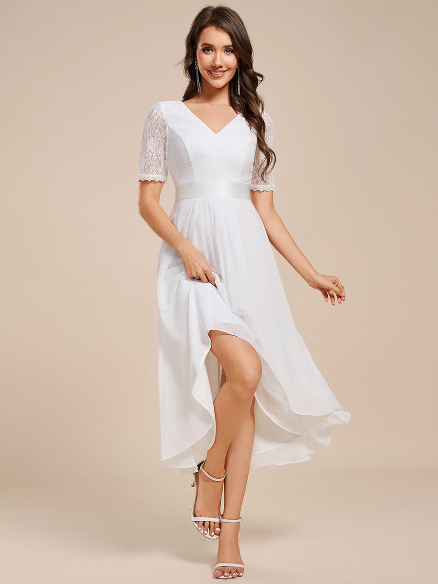 Half Sleeve V Neck Midi Wedding Guest Dress With Lace #color_White