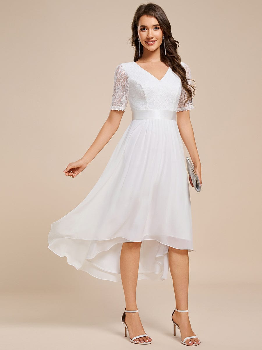 Half Sleeve V Neck Midi Wedding Guest Dress With Lace #color_White