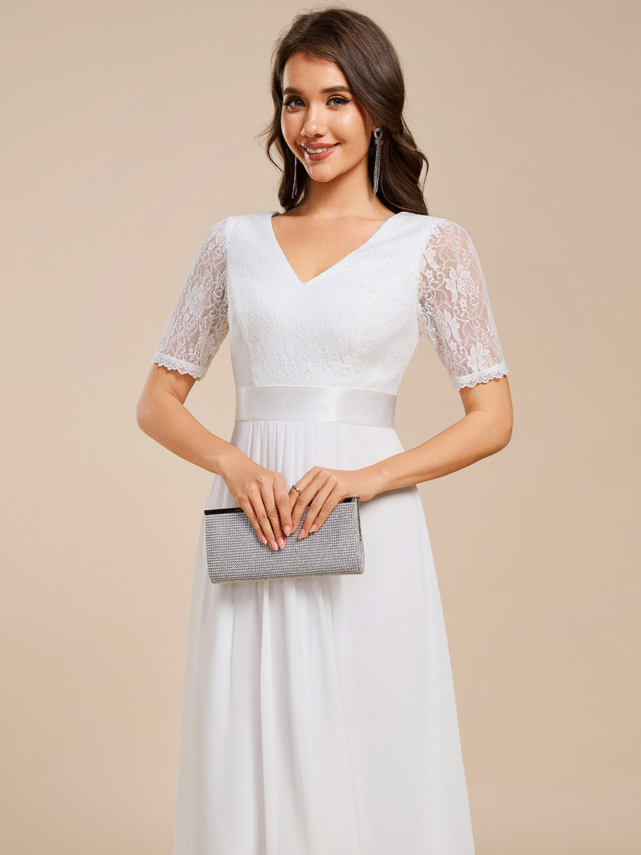 Half Sleeve V Neck Midi Wedding Guest Dress With Lace #color_White