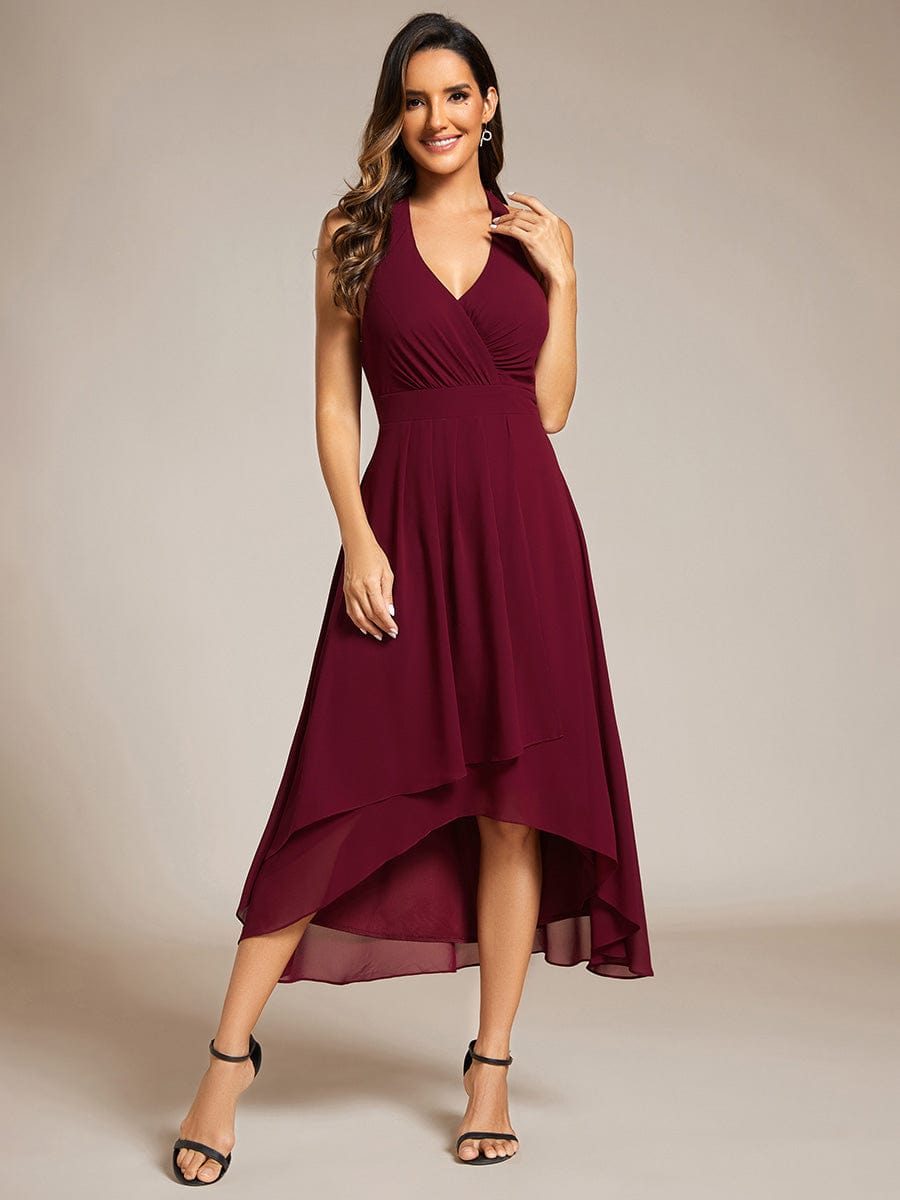 Lace-up Halterneck Backless High Low Chiffon Wedding Guest Dress #color_Burgundy