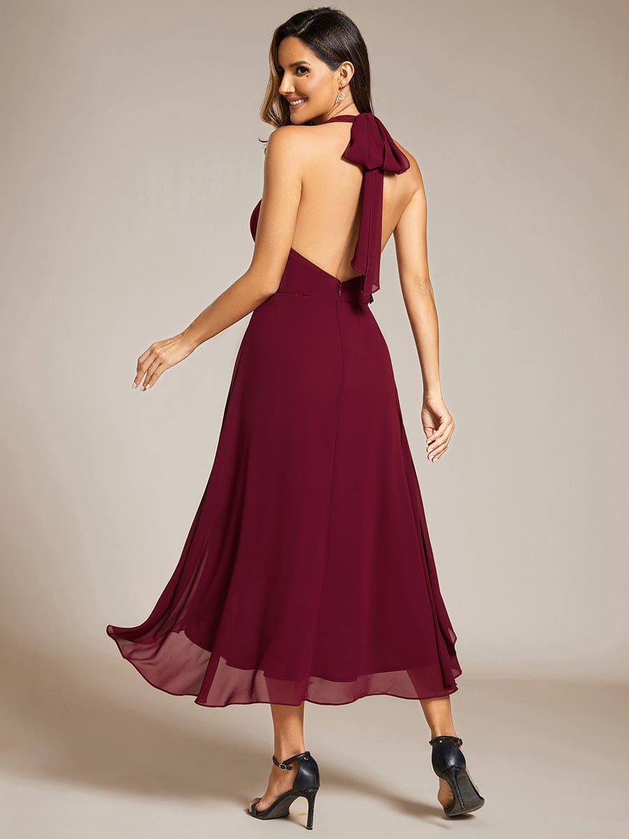 Lace-up Halterneck Backless High Low Chiffon Wedding Guest Dress #color_Burgundy