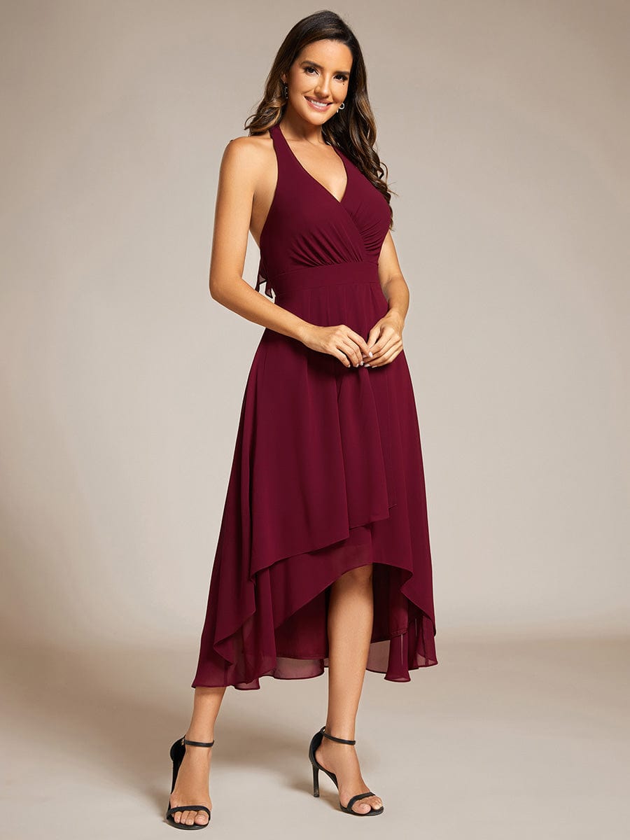 Lace-up Halterneck Backless High Low Chiffon Wedding Guest Dress #color_Burgundy