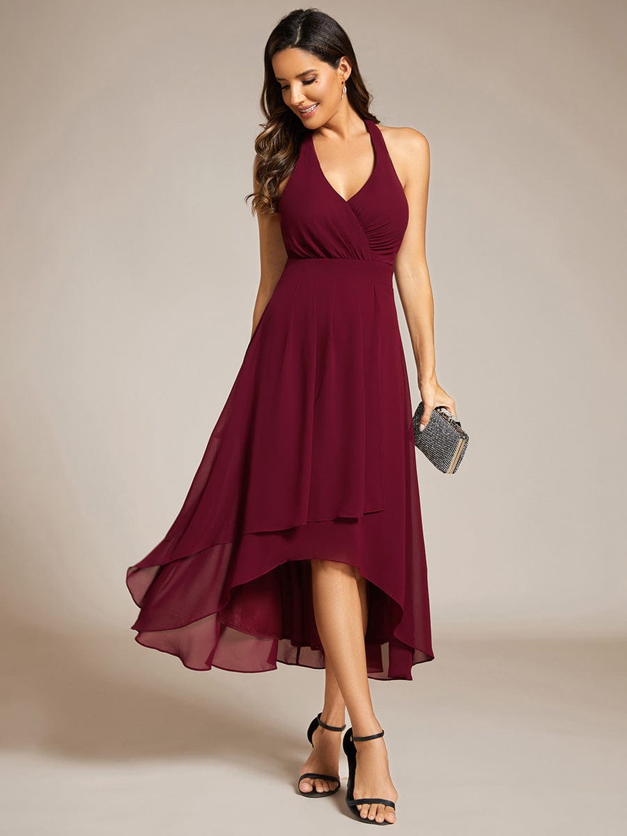 Lace-up Halterneck Backless High Low Chiffon Wedding Guest Dress #color_Burgundy