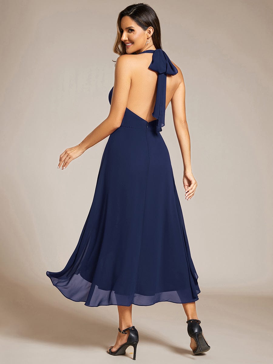 Lace-up Halterneck Backless High Low Chiffon Wedding Guest Dress #color_Navy Blue