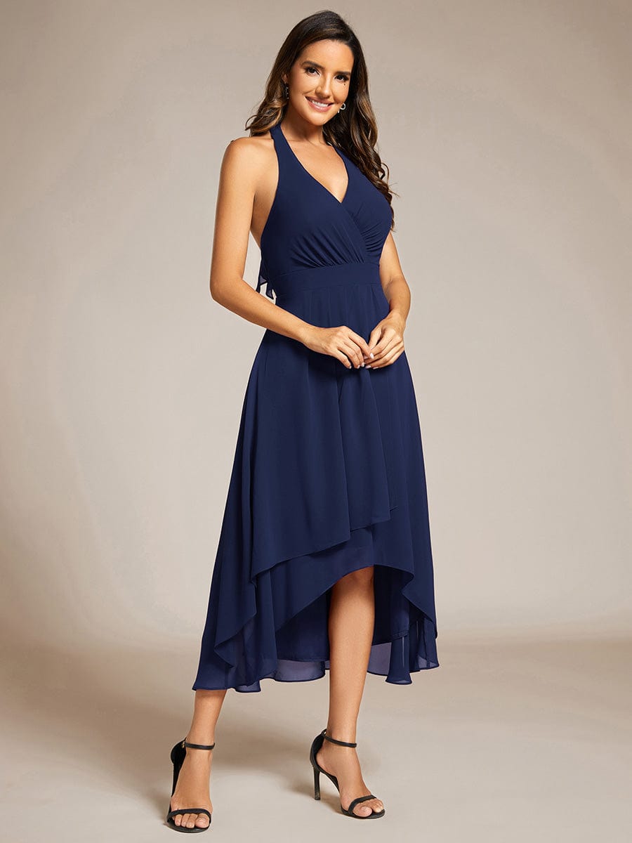 Lace-up Halterneck Backless High Low Chiffon Wedding Guest Dress #color_Navy Blue