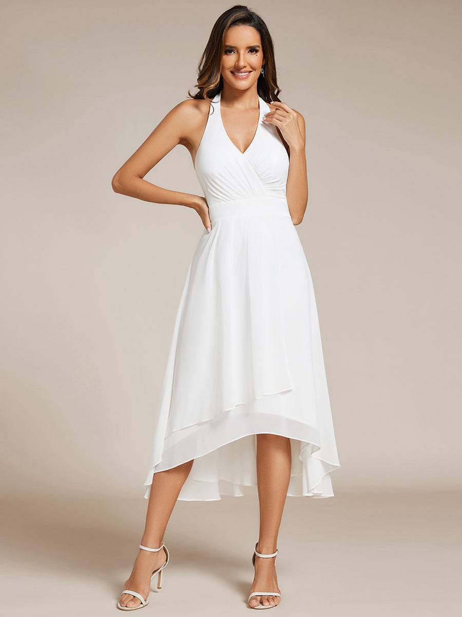 Lace-up Halterneck Backless High Low Chiffon Wedding Guest Dress #color_White