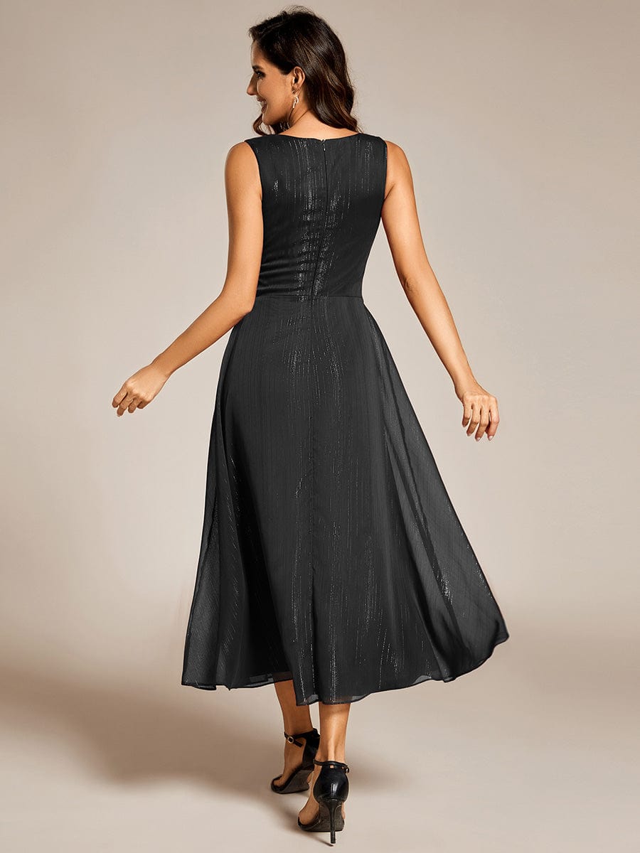 Sleeveless Twist Knot A-Line Lotus Leaf Shimmering Wedding Guest Dress #color_Black