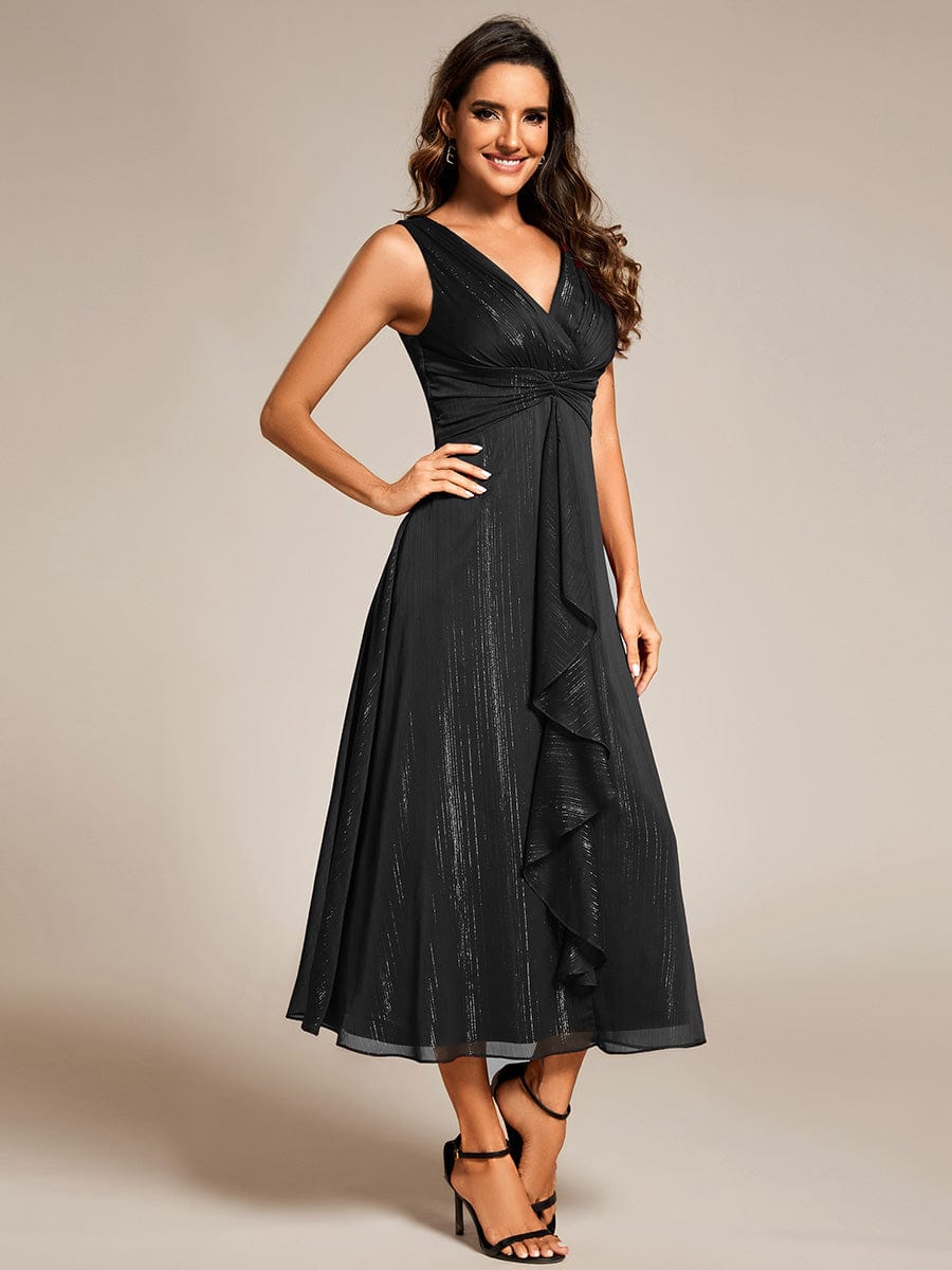 Sleeveless Twist Knot A-Line Lotus Leaf Shimmering Wedding Guest Dress #color_Black