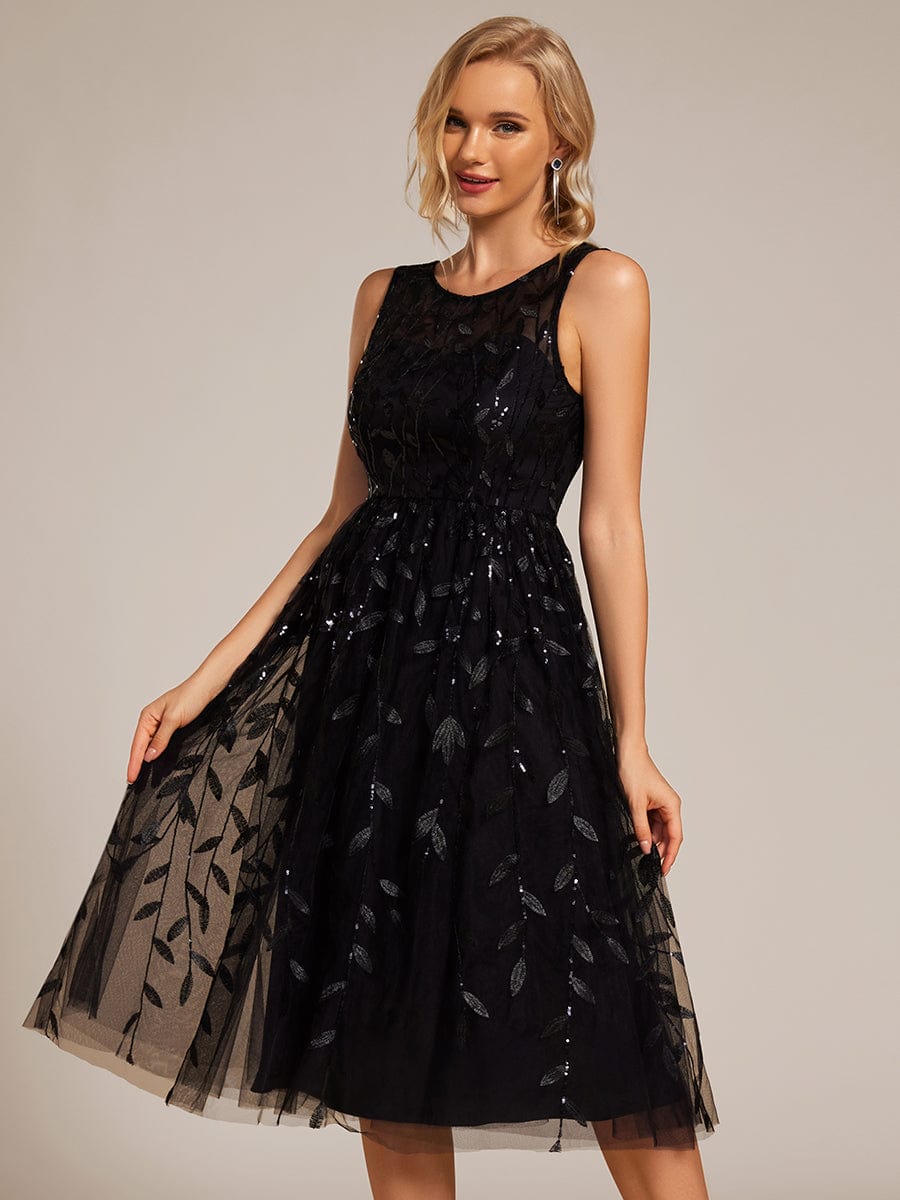 Round Neck Sleeveless Leaf Sequin Midi Wedding Guest Dress #color_Black