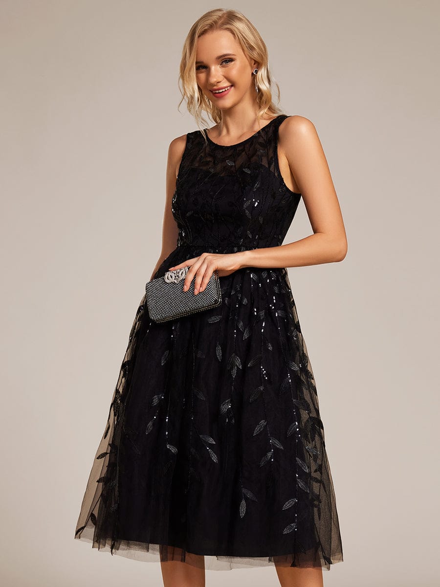 Round Neck Sleeveless Leaf Sequin Midi Wedding Guest Dress #color_Black