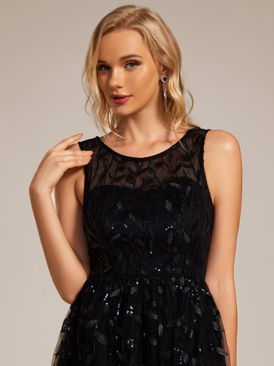 Round Neck Sleeveless Leaf Sequin Midi Wedding Guest Dress #color_Black