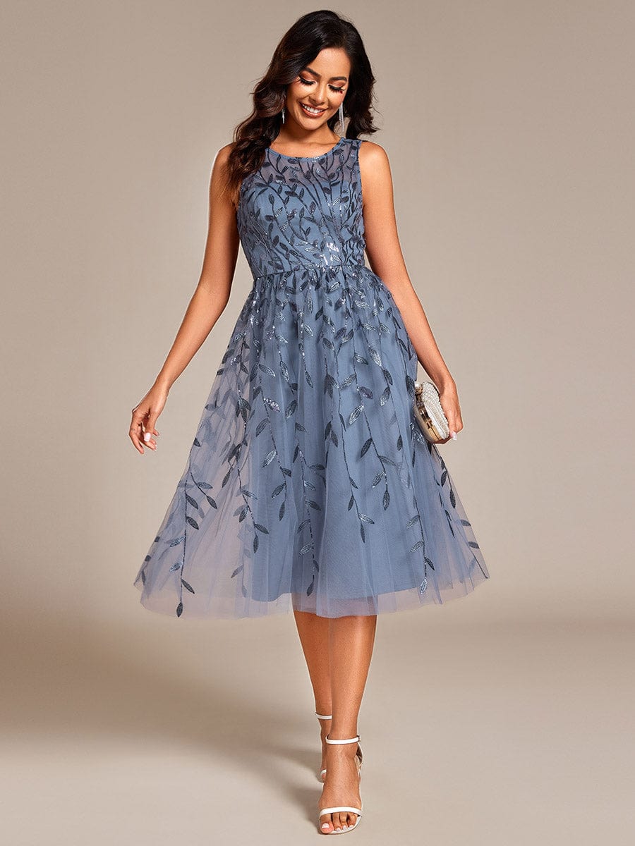 Round Neck Sleeveless Leaf Sequin Midi Wedding Guest Dress #color_Dusty Navy