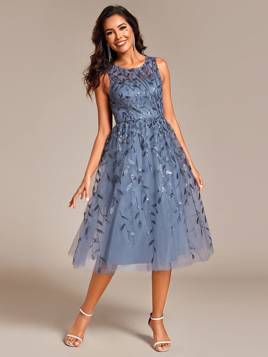 Round Neck Sleeveless Leaf Sequin Midi Wedding Guest Dress #color_Dusty Navy