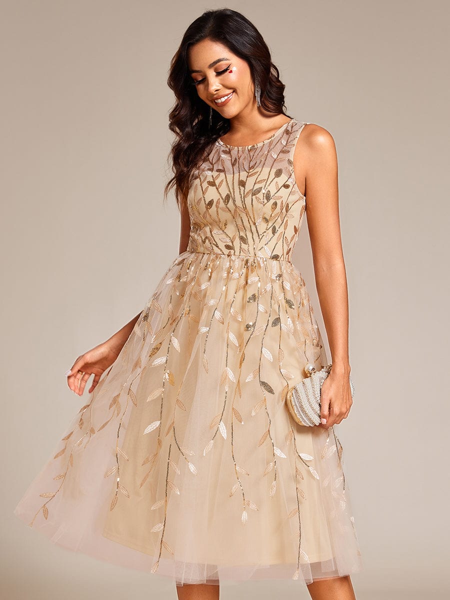 Round Neck Sleeveless Leaf Sequin Midi Wedding Guest Dress #color_Gold