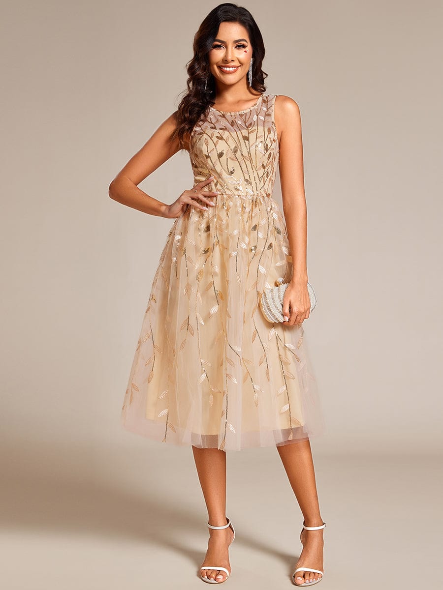 Round Neck Sleeveless Leaf Sequin Midi Wedding Guest Dress #color_Gold