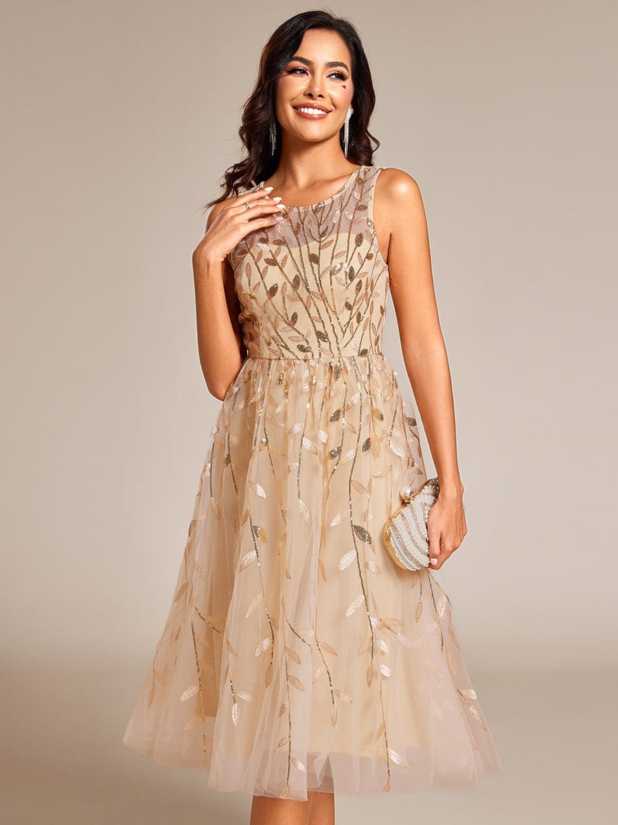 Round Neck Sleeveless Leaf Sequin Midi Wedding Guest Dress #color_Gold