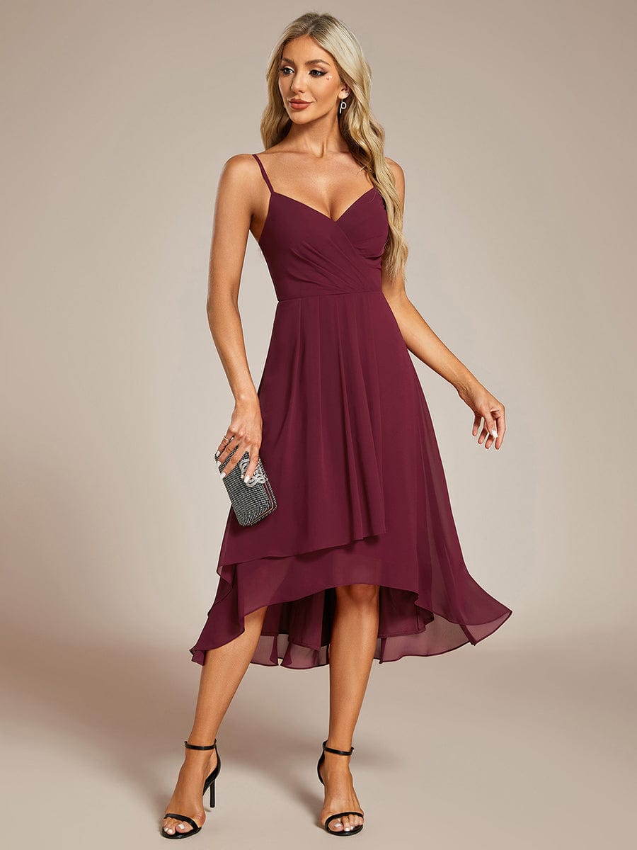 Elegant V-Neck Spaghetti Strap High-Low Chiffon Wedding Guest Dress #color_Burgundy