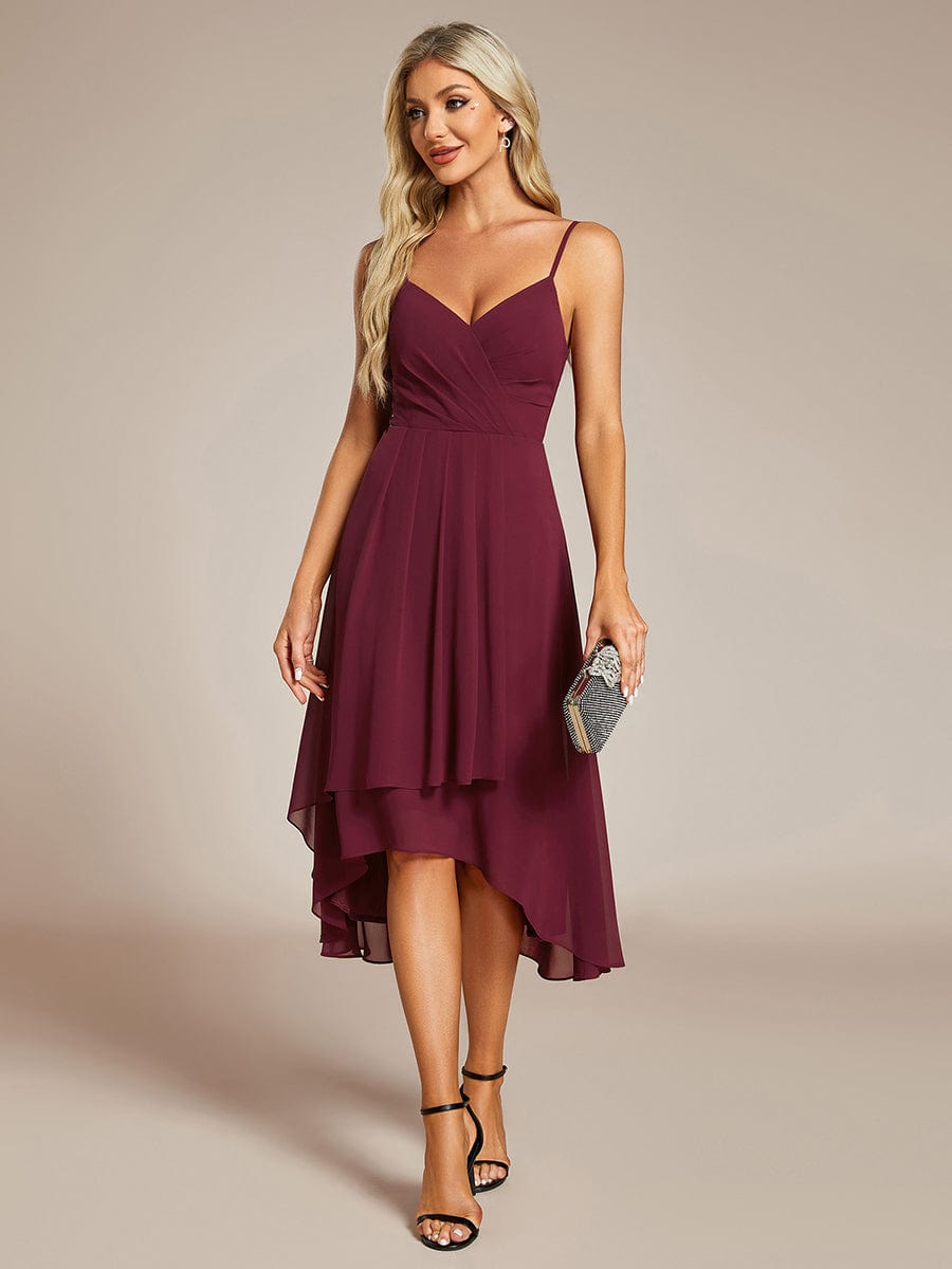 Elegant V-Neck Spaghetti Strap High-Low Chiffon Wedding Guest Dress #color_Burgundy