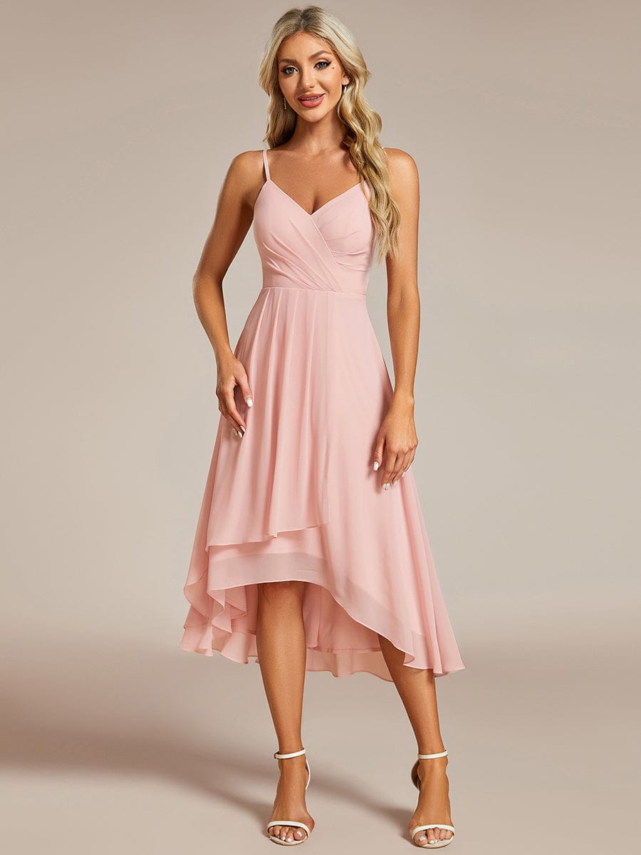 Elegant V-Neck Spaghetti Strap High-Low Chiffon Wedding Guest Dress #color_Pink