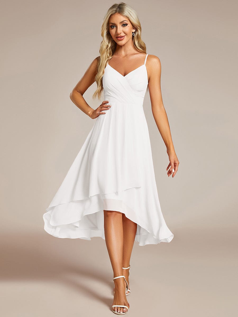 Elegant V-Neck Spaghetti Strap High-Low Chiffon Wedding Guest Dress #color_White