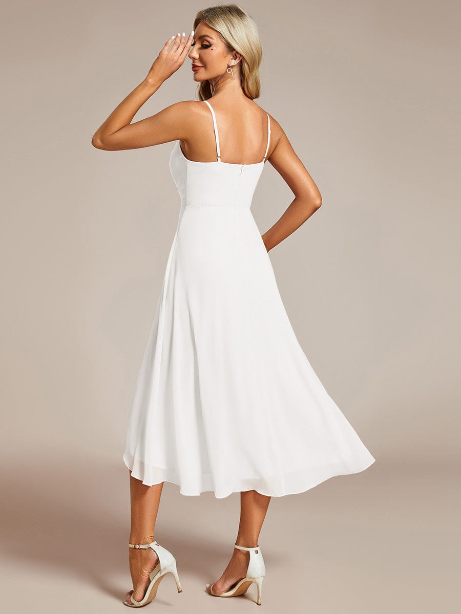 Elegant V-Neck Spaghetti Strap High-Low Chiffon Wedding Guest Dress #color_White