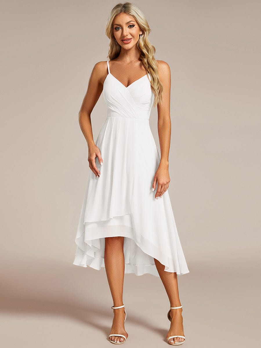 Elegant V-Neck Spaghetti Strap High-Low Chiffon Wedding Guest Dress #color_White