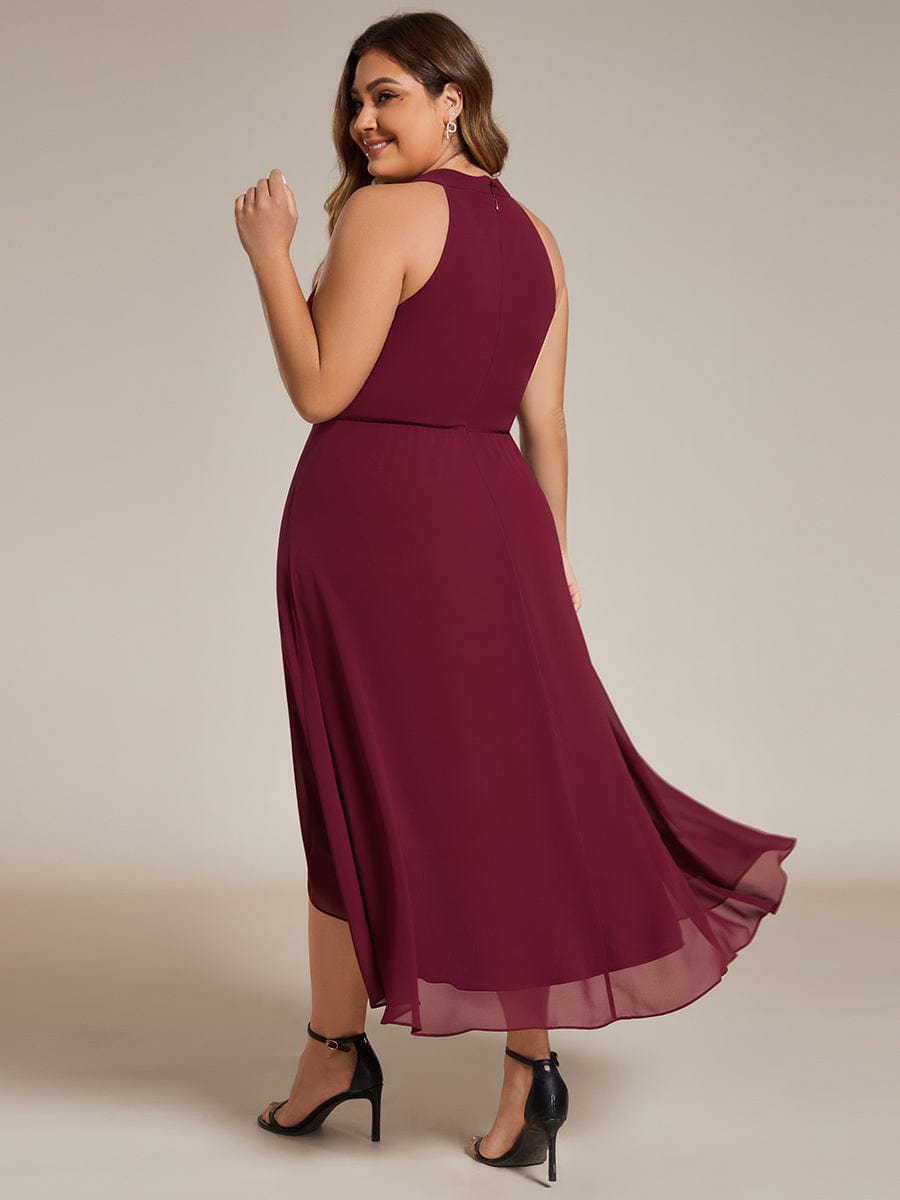 Midi A Line Sleeveless Halter Neck Wedding Guest Dress in Chiffon #color_Burgundy