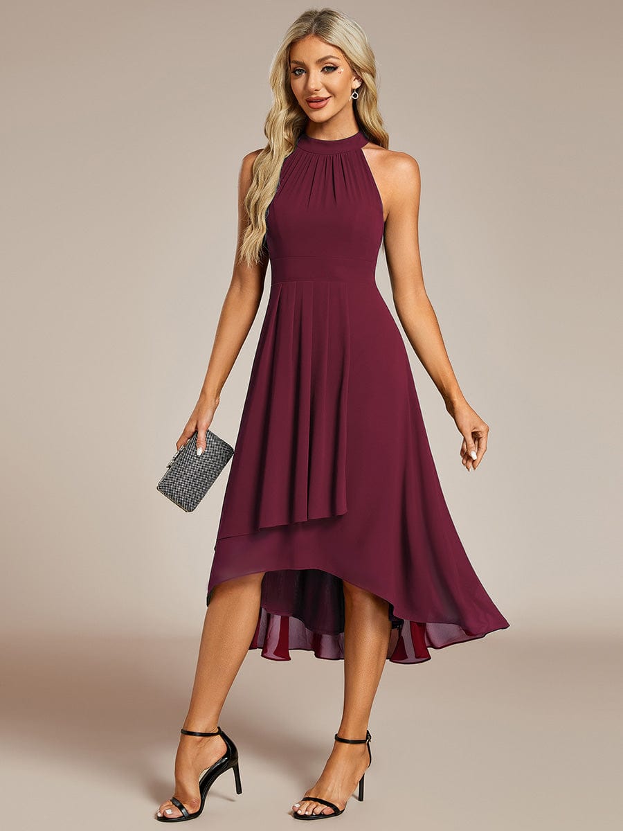 Midi A Line Sleeveless Halter Neck Wedding Guest Dress in Chiffon #color_Burgundy