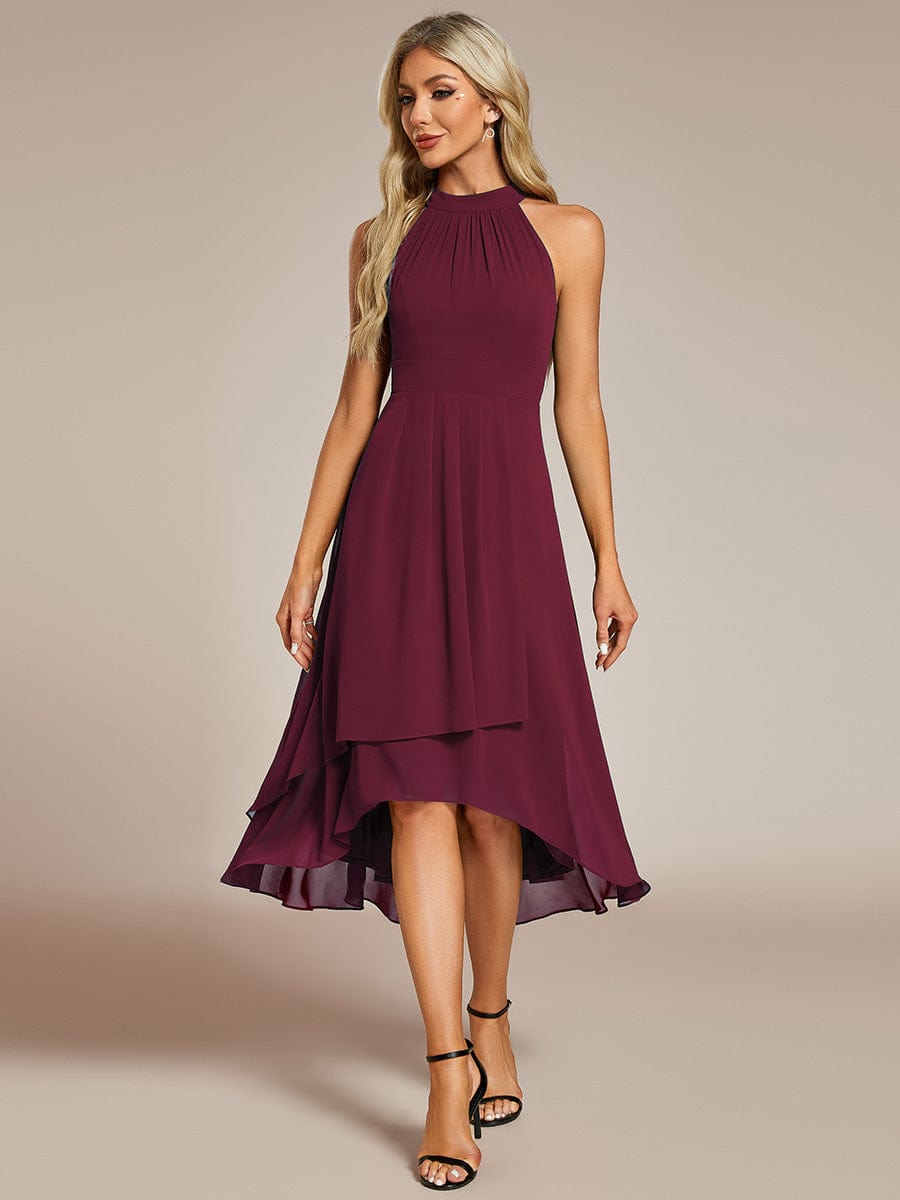 Midi A Line Sleeveless Halter Neck Wedding Guest Dress in Chiffon #color_Burgundy