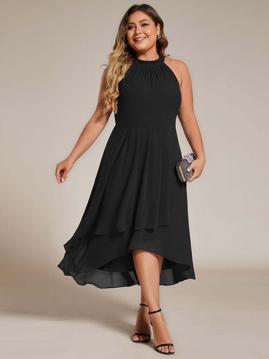 Midi A Line Sleeveless Halter Neck Wedding Guest Dress in Chiffon #color_Black